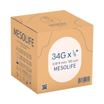 Иглы медицинские стерильные одноразовые для мезотерапии Mesolife (34G (0,18x4 мм), 100 шт, Luer Lock)