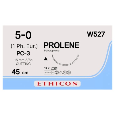 Шовный материал хирургический нерассасывающийся PROLENE (Режущая, 16 мм, 3/8 круга, 45 см, 5/0 (M1), Синий, 12 шт, W527)
