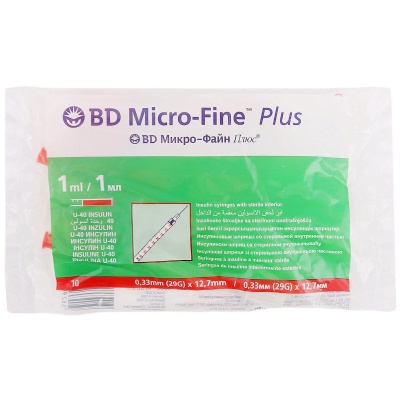 Шприц одноразовый инсулиновый U-100 Micro-Fine Plus BD с иглой (1 мл, 29G (0,33x12,7 мм), 10 шт, Интегрированная)