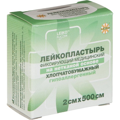 Лейкопластырь фиксирующий медицинский LEIKO на нетканой основе, хлопчатобумажный,гипоаллергенный (2x500 см, 12 рул)