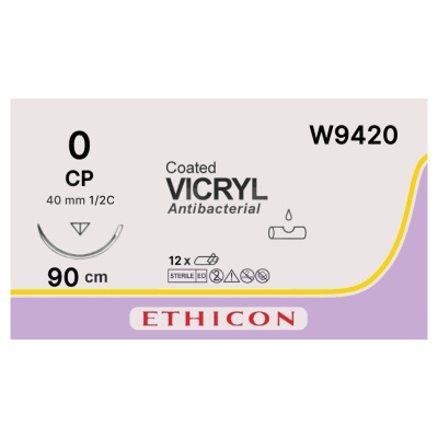 Шовный материал хирургический рассасывающийся VICRYL (Обратно-режущая, 40 мм, 1/2 круга, 90 см, 0 (MP 3,5), Фиолетовый, 12 шт, W9420)