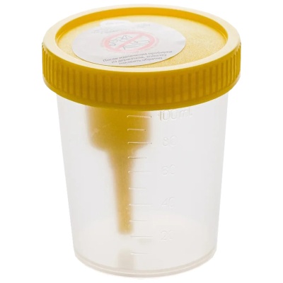 Контейнер для сбора мочи стерильный со встроенным устройством для забора в пробирку Беримед (120 мл, 1 шт, Желтый, Со шкалой)