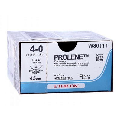 Шовный материал хирургический нерассасывающийся PROLENE (W8011T, Режущая, 3/8 круга, 45 см, 4/0 (M1,5), 19 мм, 24 шт)