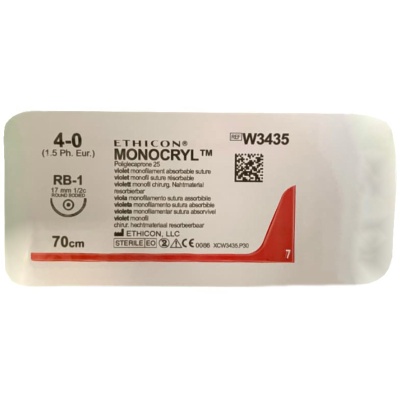 Шовный материал хирургический рассасывающийся MONOCRYL (W3435, Колющая, 1/2 круга, 70 см, 4/0 (M 1,5), 17 мм, 12 шт)