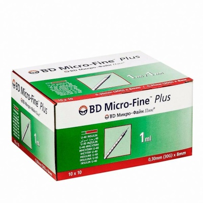 Шприц одноразовый инсулиновый U-40 Micro-Fine Plus BD с иглой (1 мл, 30G (0,30x8 мм), 100 шт, Интегрированная)