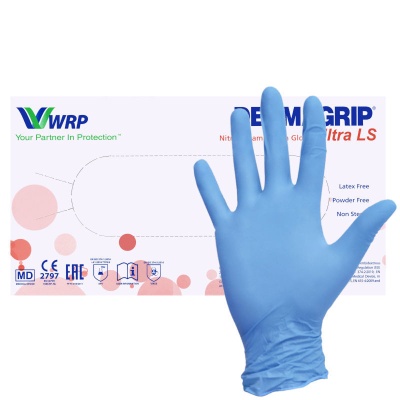 02070-1 Перчатки медицинские смотровые нитриловые неопудренные Dermagrip Ultra LS голубые