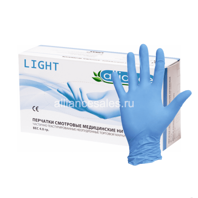 Перчатки смотровые нитриловые Alliance light голубые 01240 alliancesales.ru