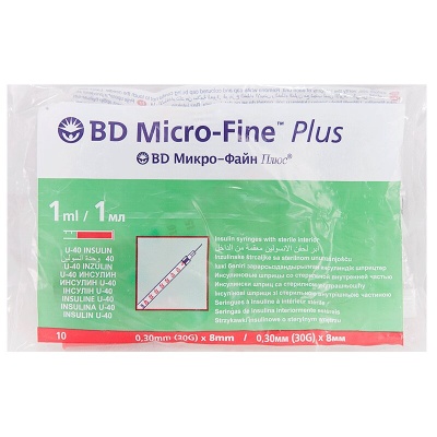 Шприц одноразовый инсулиновый U-40 Micro-Fine Plus BD с иглой (1 мл, 30G (0,30x8 мм), 10 шт, Интегрированная)