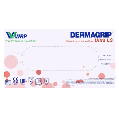 02070-2 Перчатки медицинские смотровые нитриловые неопудренные Dermagrip Ultra LS голубые