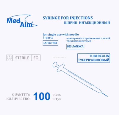 Шприц туберкулиновый однократного применения MedAim 3-х компонентный с иглой (1 мл, 26G (0,45х12 мм), 100 шт, Luer)