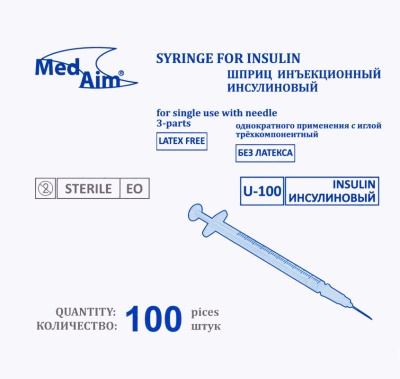 Шприц инсулиновый однократного применения MedAim U-100 с иглой (1 мл, 26G (0,45х12 мм), 100 шт, Luer)