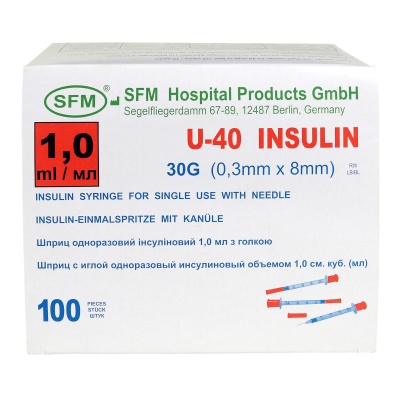 Шприц одноразовый инсулиновый U-40 SFM с иглой (1 мл, 30G (0,30x8 мм), 100 шт, Интегрированная)