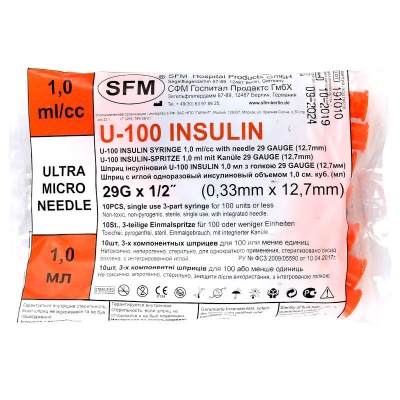 Шприц одноразовый инсулиновый U-100 SFM с иглой (1 мл, 29G (0,33х12,7 мм), 100 шт)