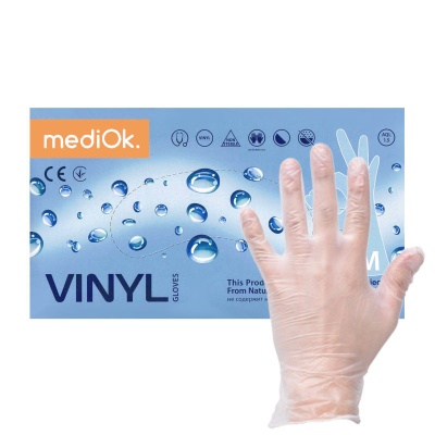 01894 Перчатки mediOK смотровые виниловые неопудренные гладкие нестерильные одноразовые прозрачные