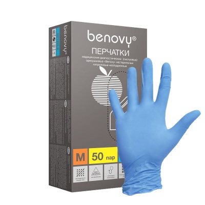 Перчатки нитриловые смотровые Benovy 4.4 голубые 01539
