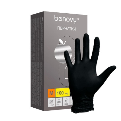 Перчатки нитриловые смотровые Benovy черные 100 пар